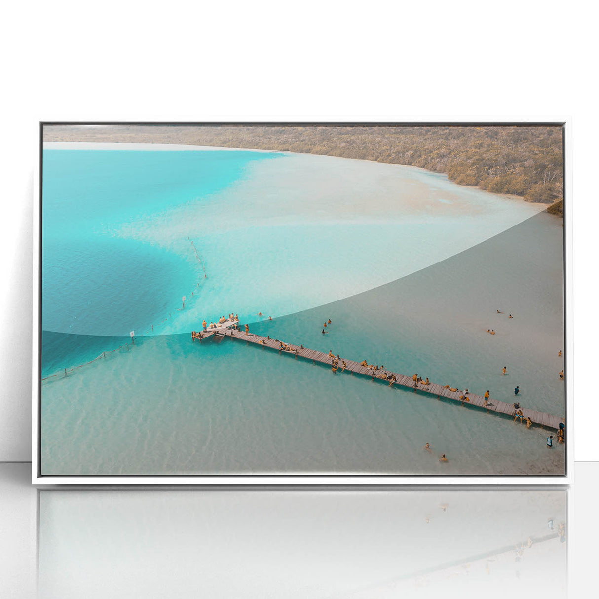 Art deco style poster of Quintana Roo scenery on white framed acrylic, featuring vibrant ocean and sky tones.