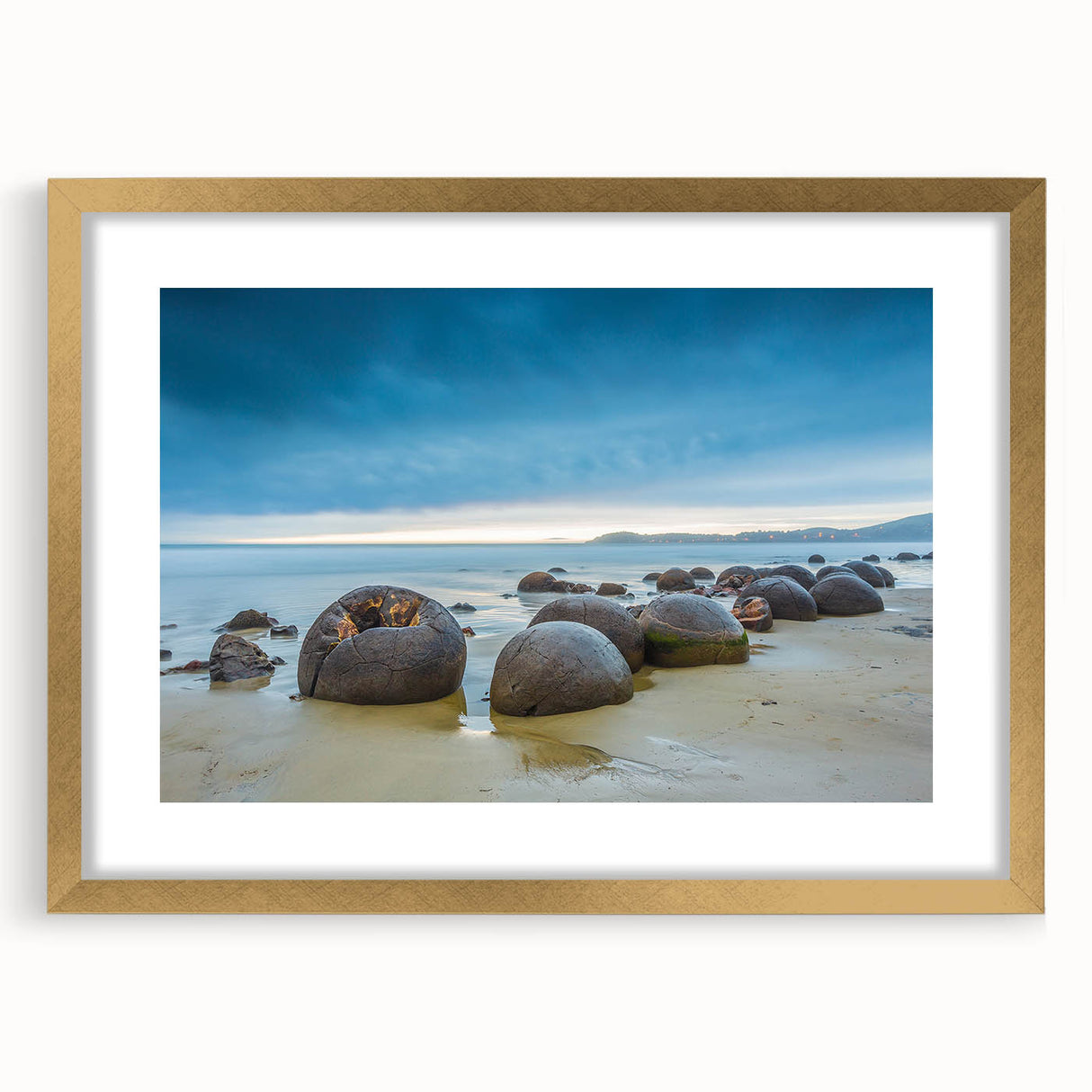 Extra large abstract art print of the Otago, New Zealand scenery in gold frame, with textured design.
