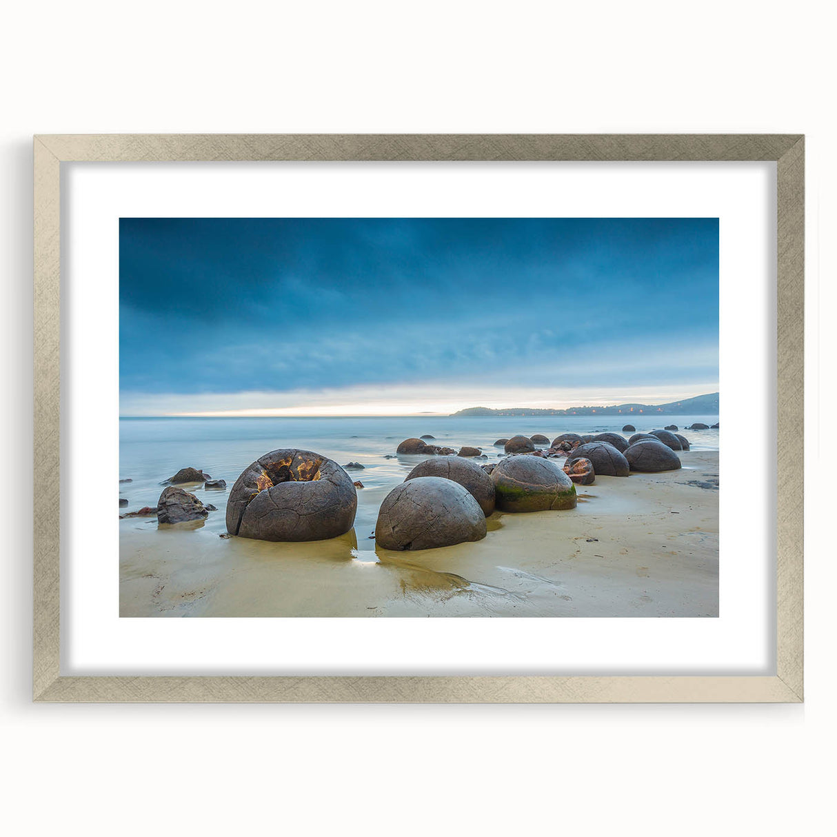 Abstract art print of Otago, New Zealand in silver frame, featuring cool blue and green tones, ideal for dining room decor.