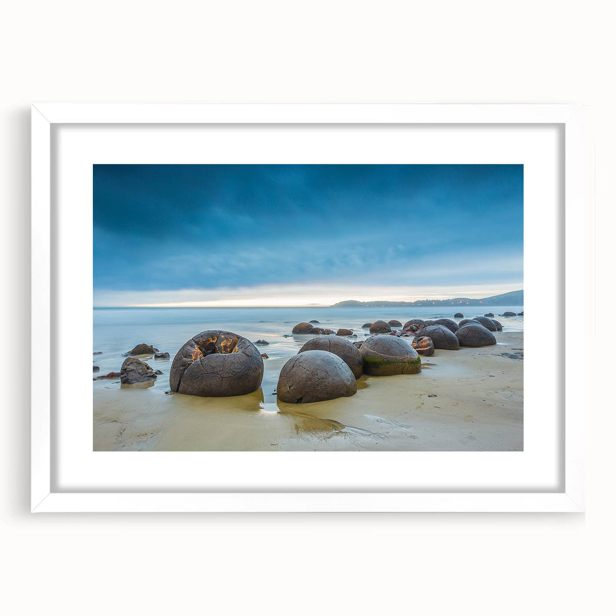 Textured abstract art print of Otago, New Zealand in muted earth tones on a framed white mat, ideal for bedroom art.