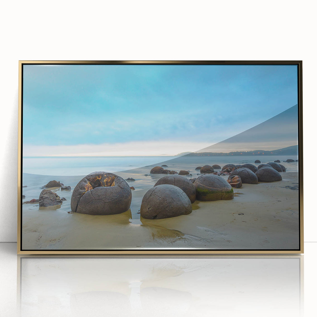 Large art print of Otago, New Zealand landscape in mid-century modernist style, framed in gold acrylic.
