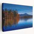 Large art depicting the Adirondack scenery in muted green and blue tones on stretched canvas, suitable for kitchen wall art.