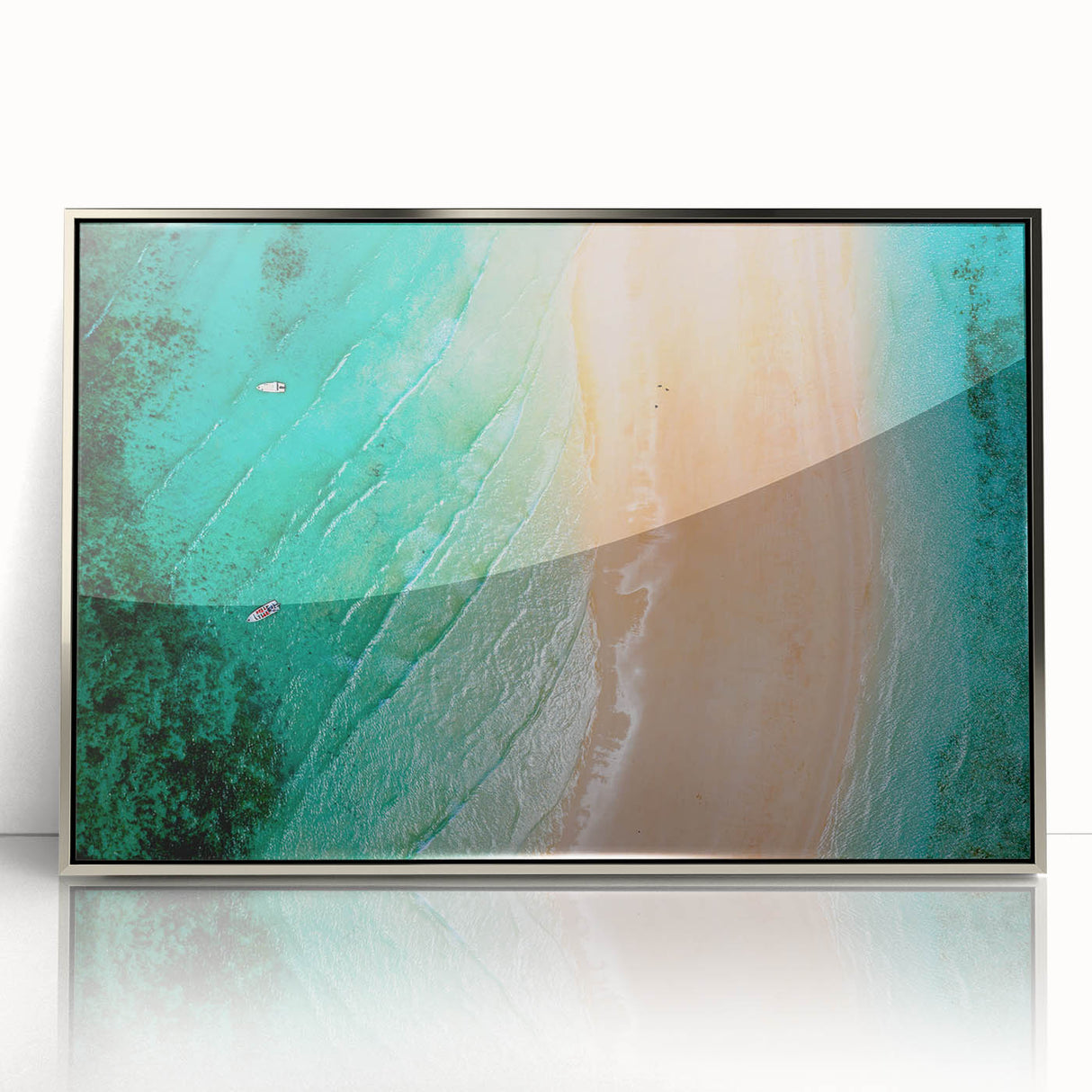 Art deco poster of a Madagascar landscape in muted earth tones on a silver-framed acrylic, ideal for modern art wall decor.