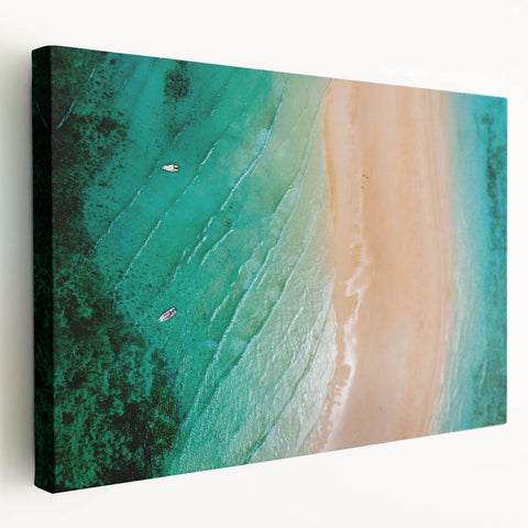 Side view of a stretched canvas featuring a Madagascar landscape in earth tones, ideal for kitchen wall art.