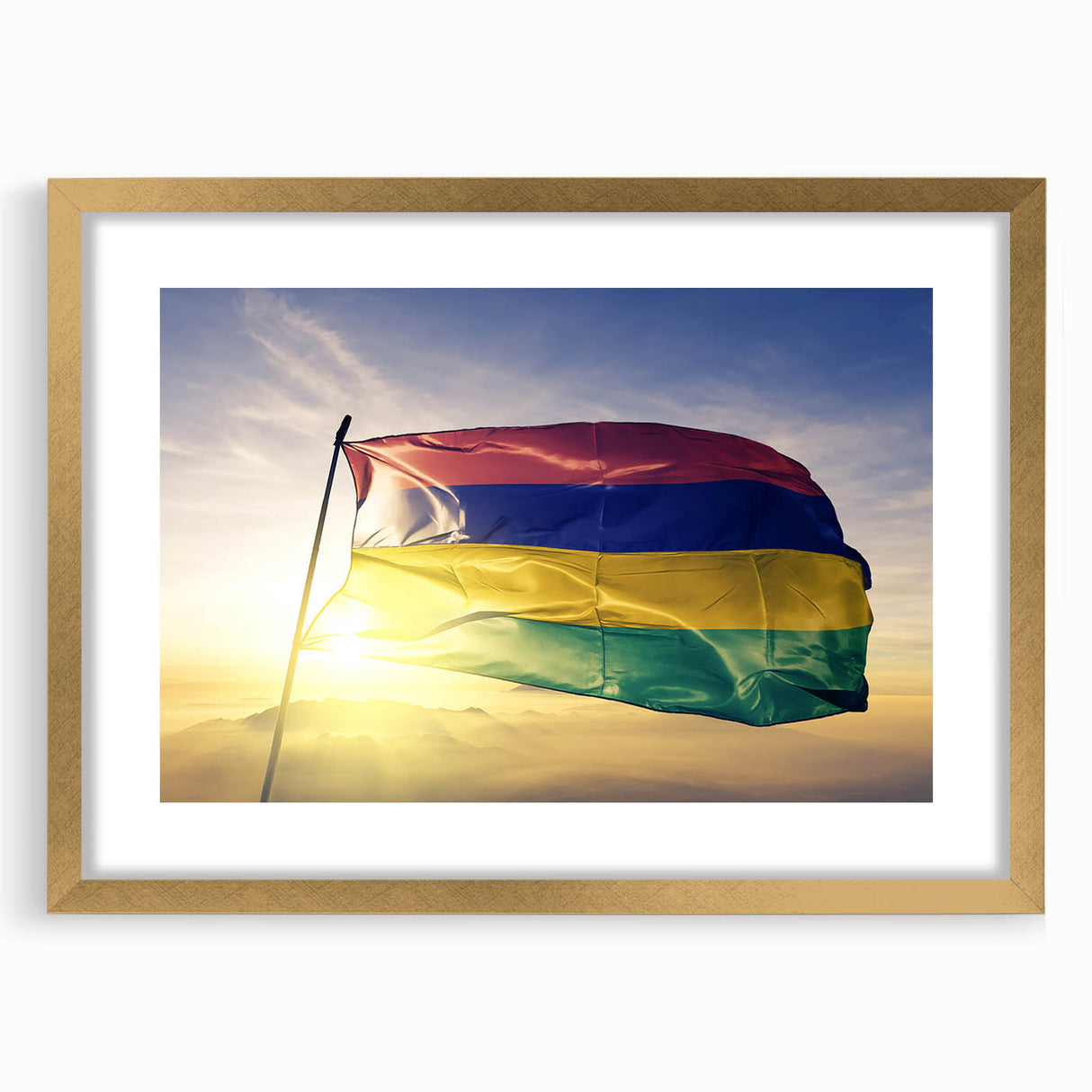 Textured abstract art print of a Mauritian landscape in muted earth tones on a framed canvas, suitable for bedroom decor.