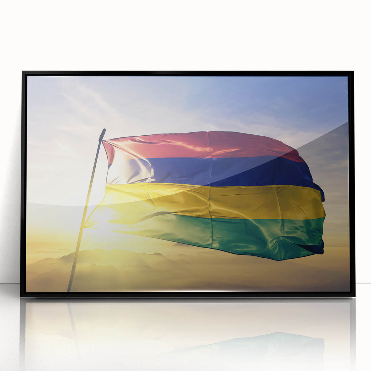 Large abstract wall art depicting a stylized Mauritius landscape in black acrylic, framed, ideal for modern art wall decor.