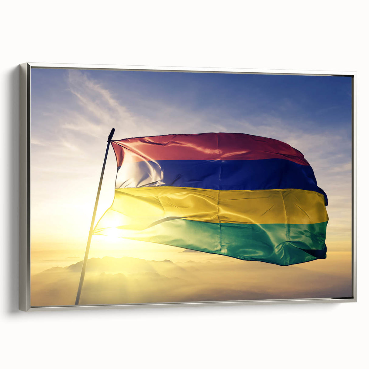 Vintage poster art of a colorful Mauritius scenery on black framed canvas, ideal for living room decor.