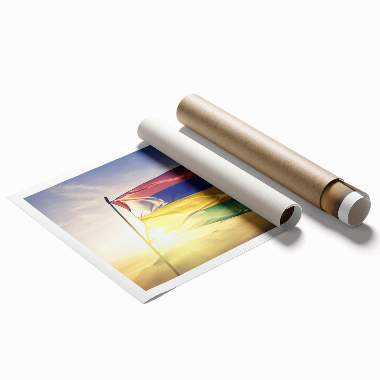 Extra large rolled print featuring a serene Mauritius landscape with lush greenery and vibrant blue skies.