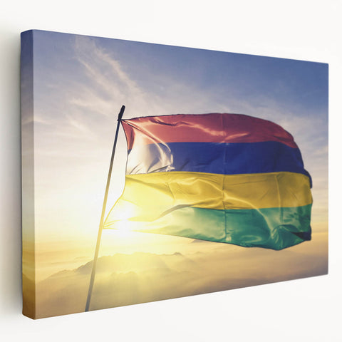 Large wall art on canvas depicting a serene Mauritius landscape in soft blue and green tones, ideal for kitchen wall decor.