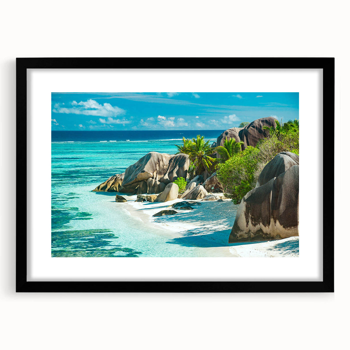 Extra large abstract art print depicting vibrant, colorful Seychelles scenery on a textured canvas, framed in black.