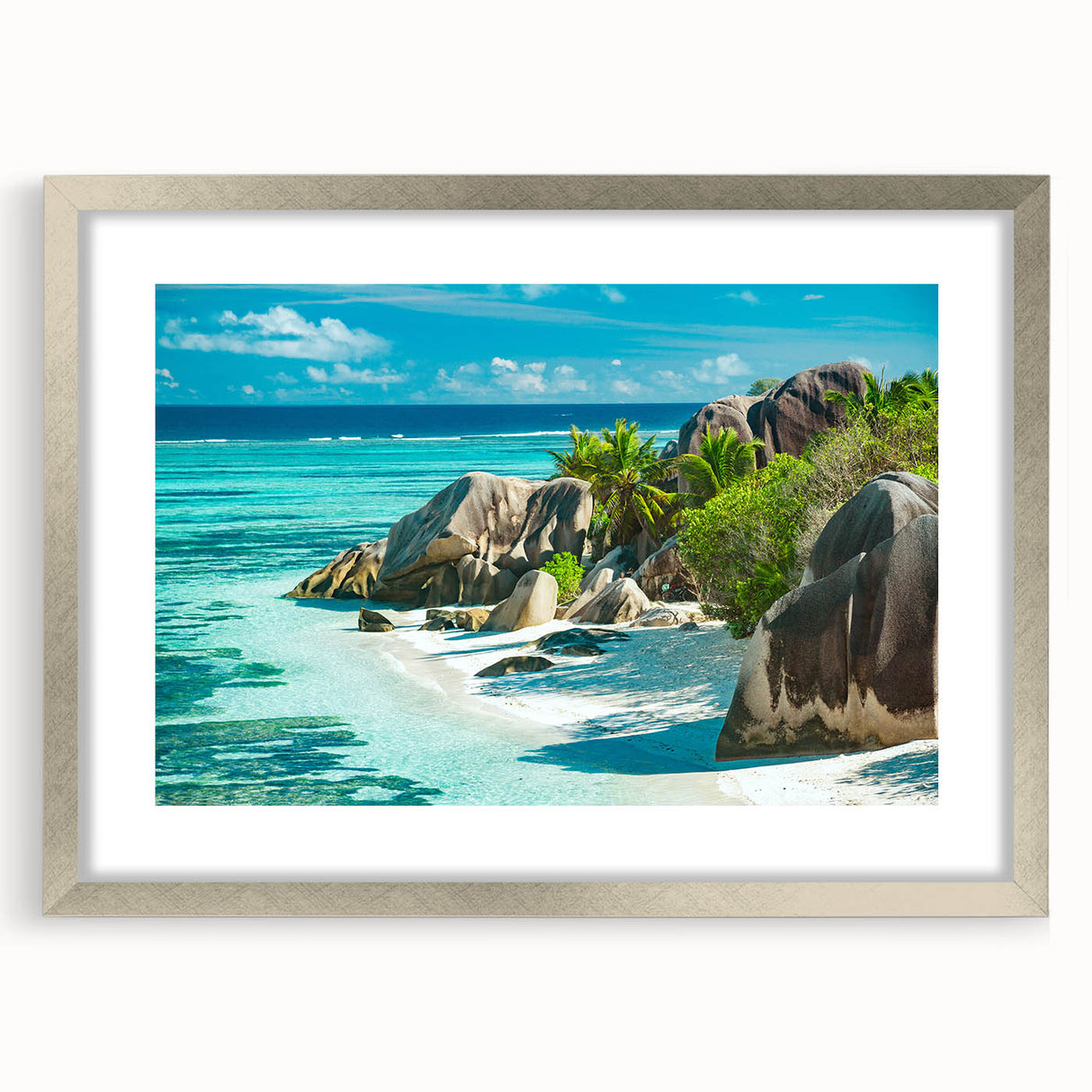 Extra large wall art featuring an abstract depiction of the Seychelles in textured shades of blue and green.