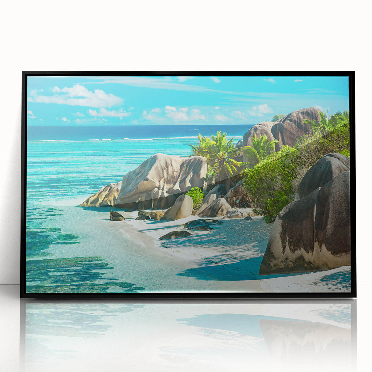 Large abstract wall art depicting the Seychelles landscape in muted earth tones on a framed acrylic.