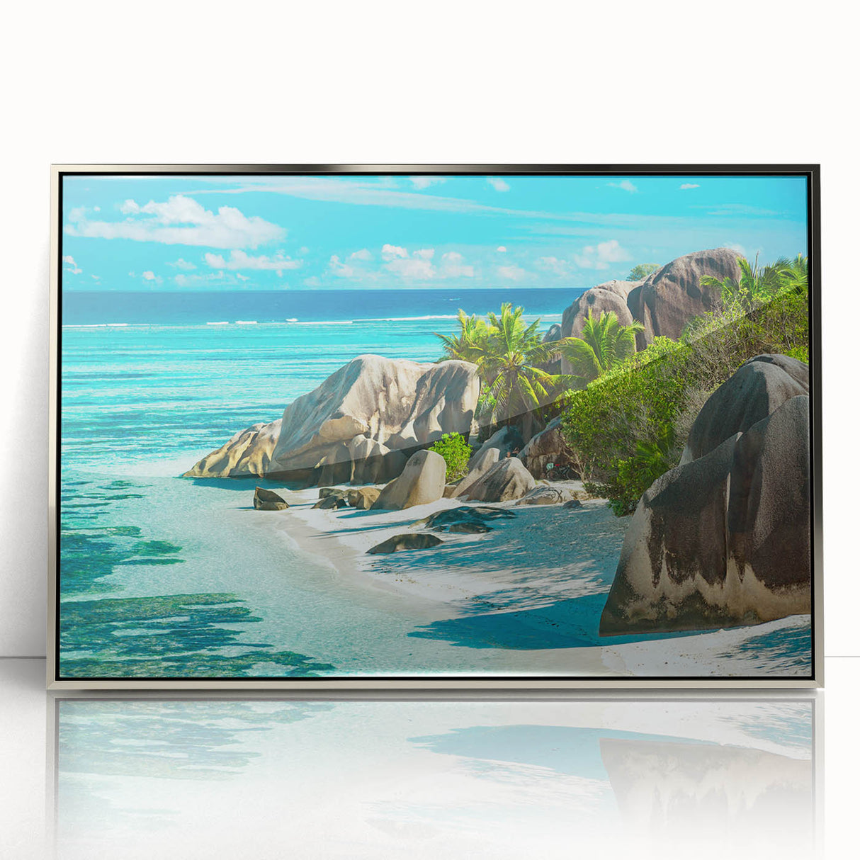 Framed acrylic print of a Seychelles landscape in muted earth tones, ideal for modern art wall decor.