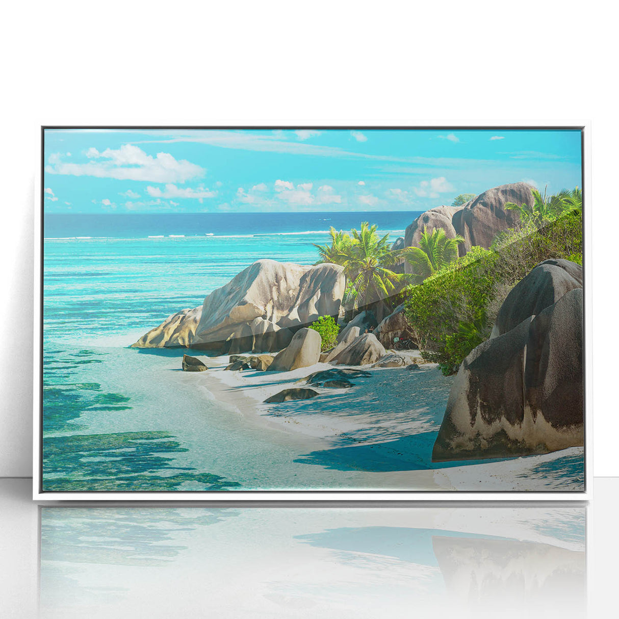 Mid-century modernist art of Seychelles scenery in acrylic print with white frame, ideal for nursery wall art.