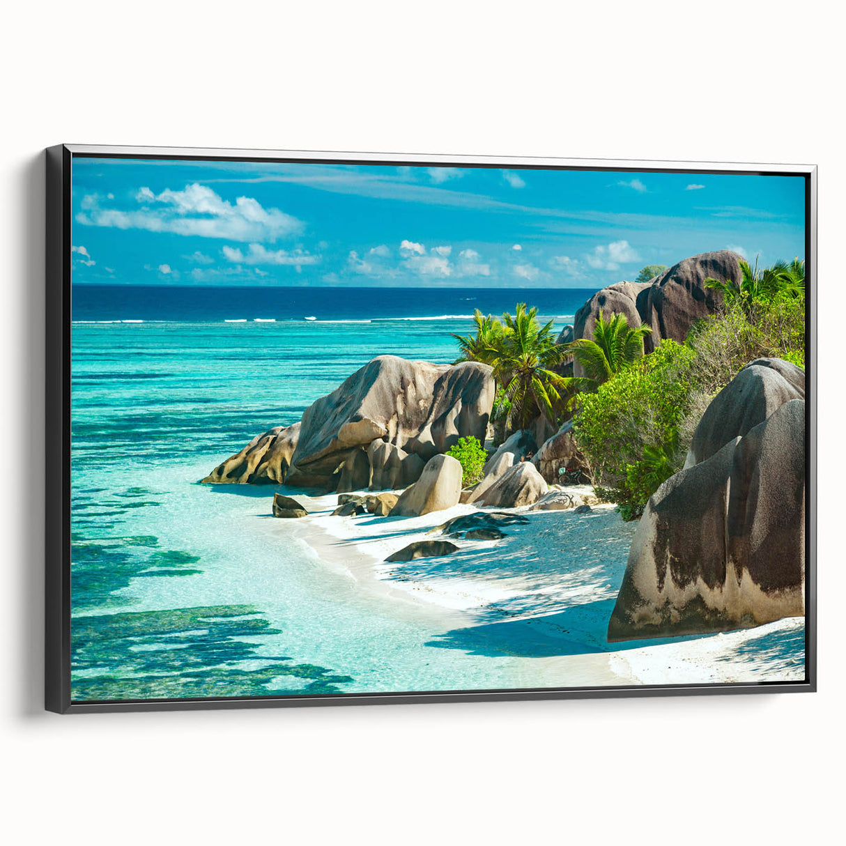 Black and white framed canvas depicting a serene Seychelles landscape, suitable for bedroom wall art.