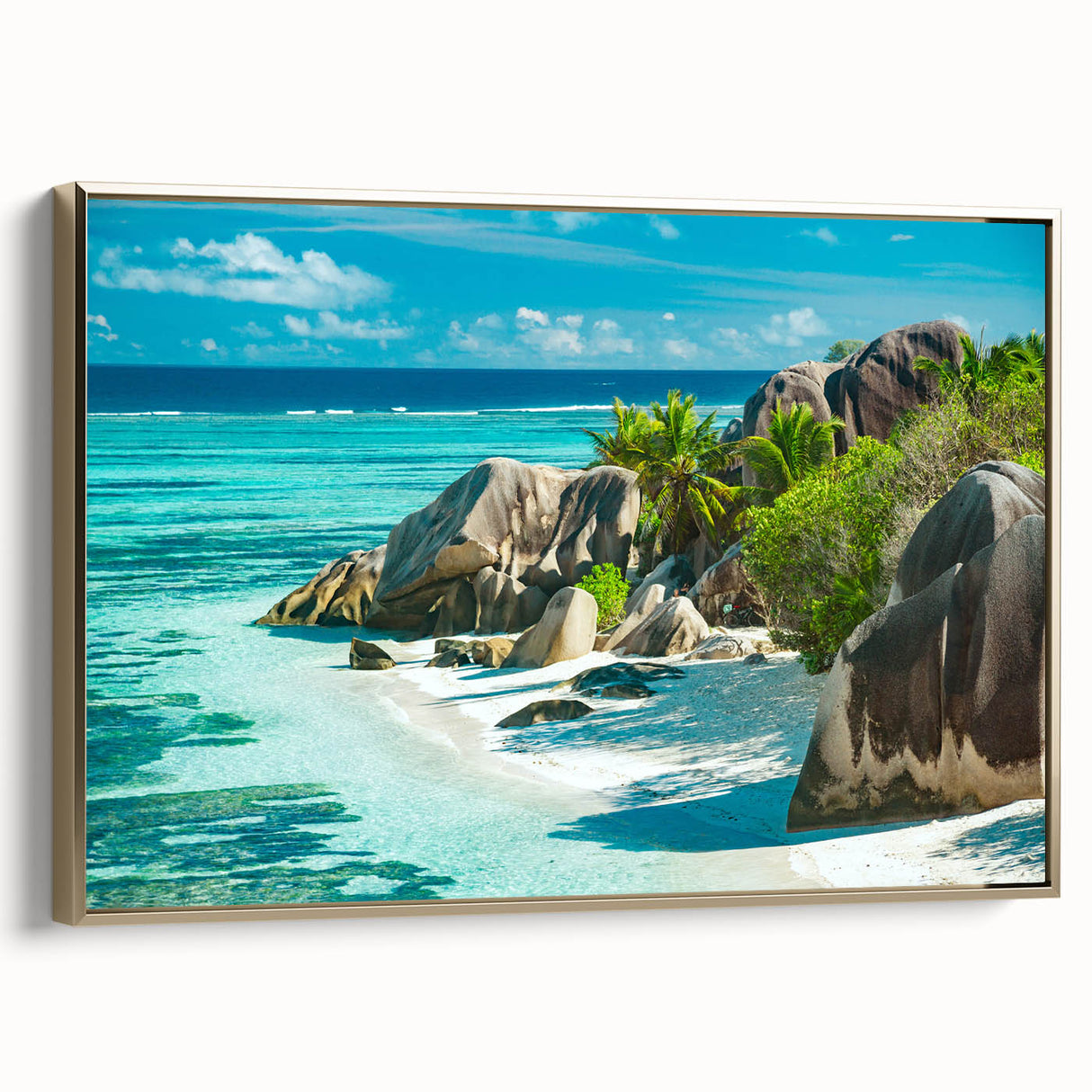Framed canvas depicting a serene Seychelles landscape in muted earth tones, ideal for bedroom wall art.