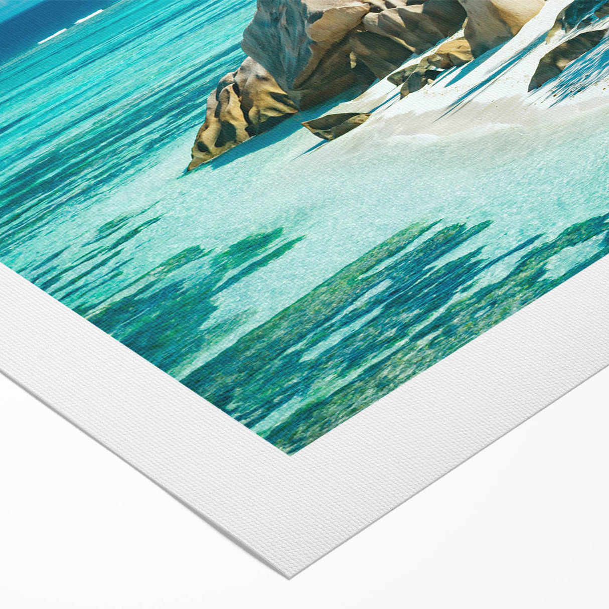 Art deco poster of Seychelles scenery on rolled canvas, featuring serene blue and green tones.