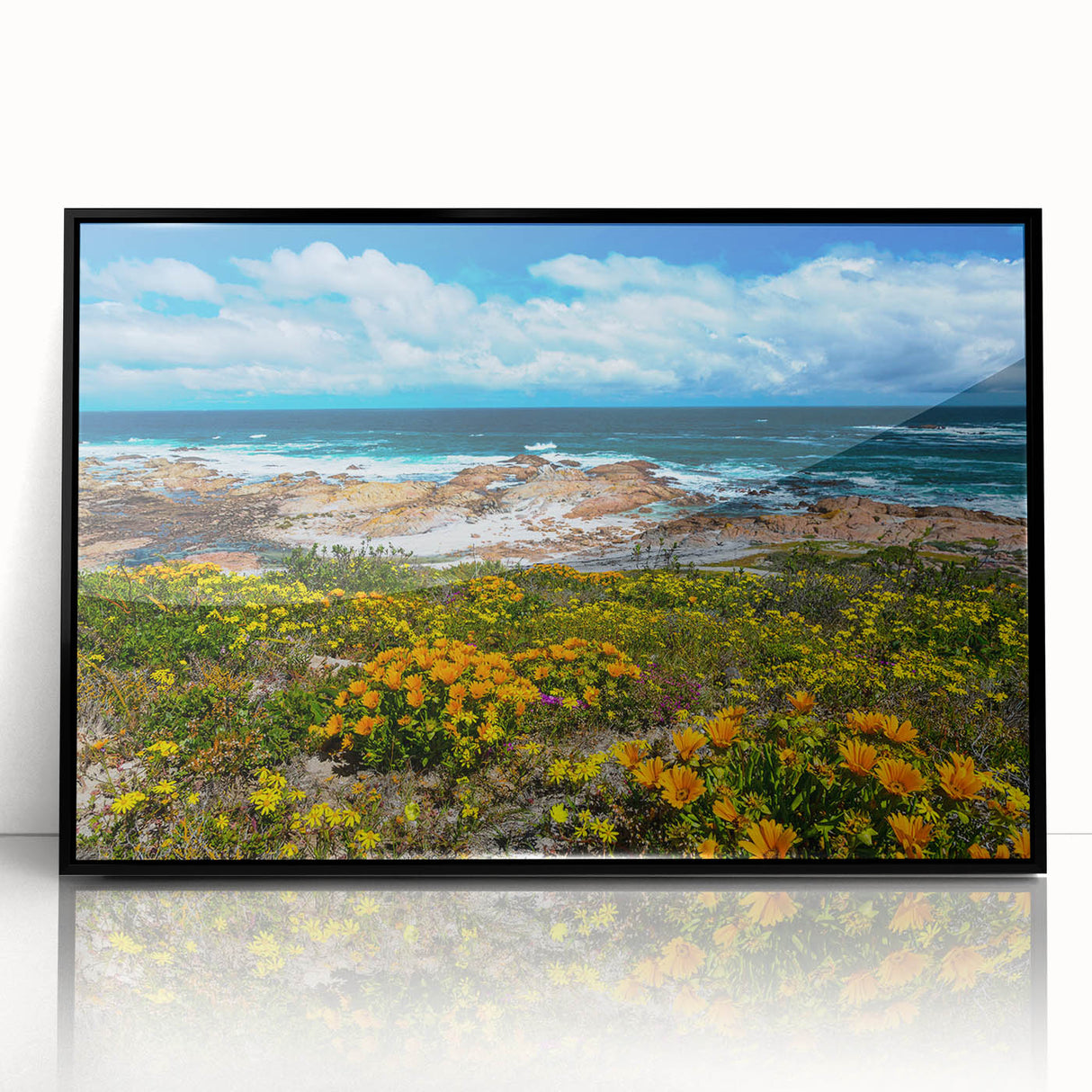 Large abstract wall art depicting a South African scenery in muted earth tones on a framed acrylic.