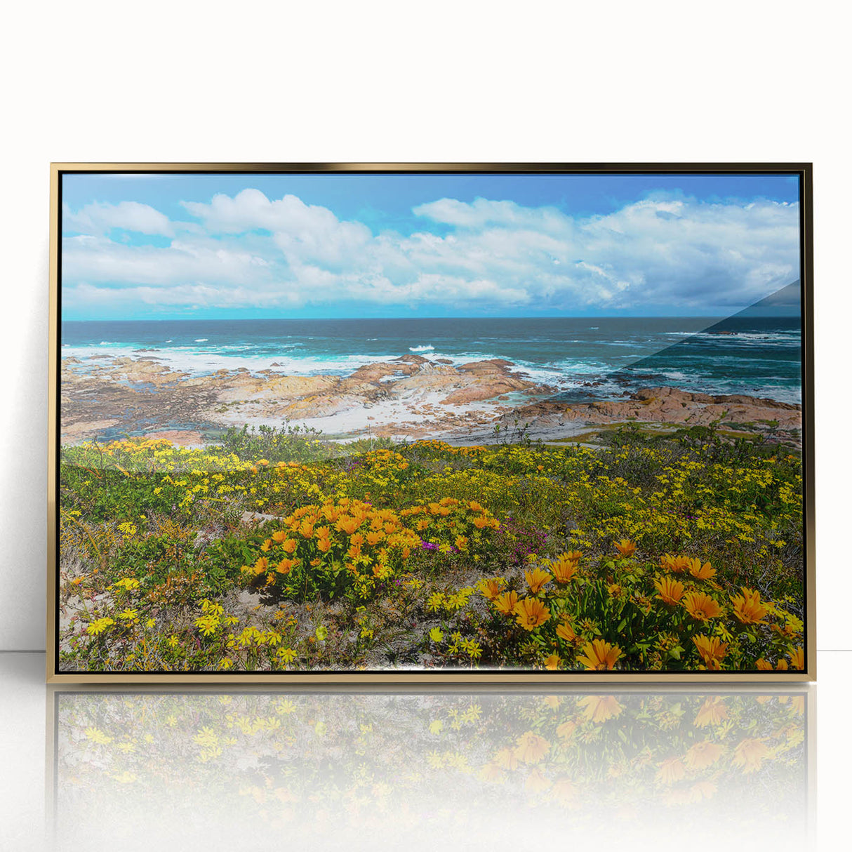 Large acrylic print of an African savannah scene in gold and earth tones, framed, in mid-century modernist style.