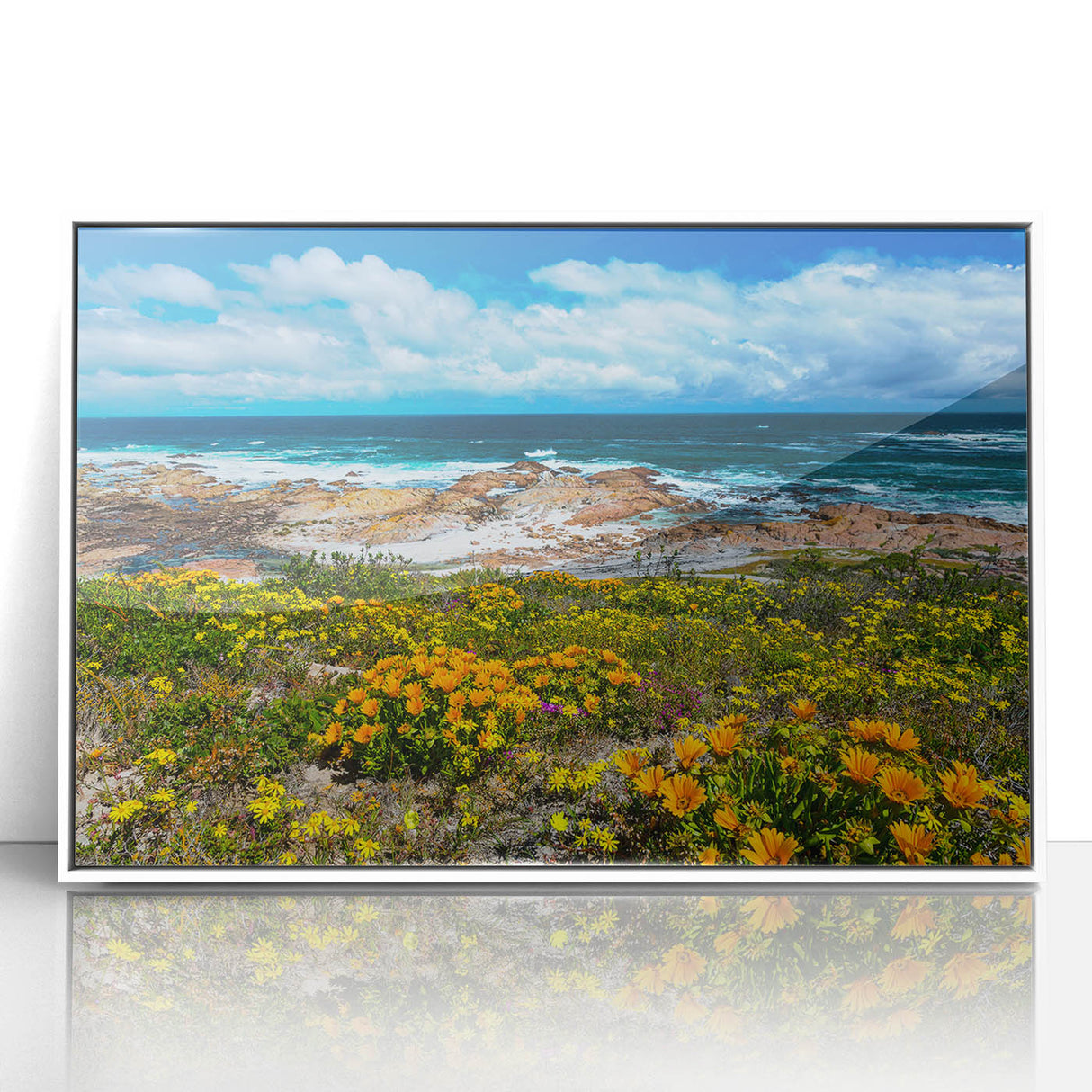 Art deco poster of a stylized South African landscape on white framed acrylic, suitable for modern nursery decor.