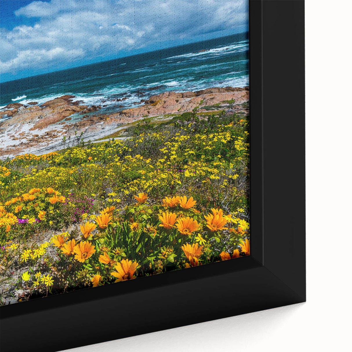 Extra-large framed canvas depicting a textured African scenery in vibrant colors, ideal for living room decor.