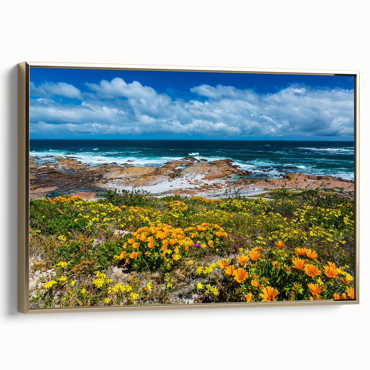 Framed canvas depicting a vintage-style South African landscape in muted gold and black tones, ideal for bedroom wall decor.