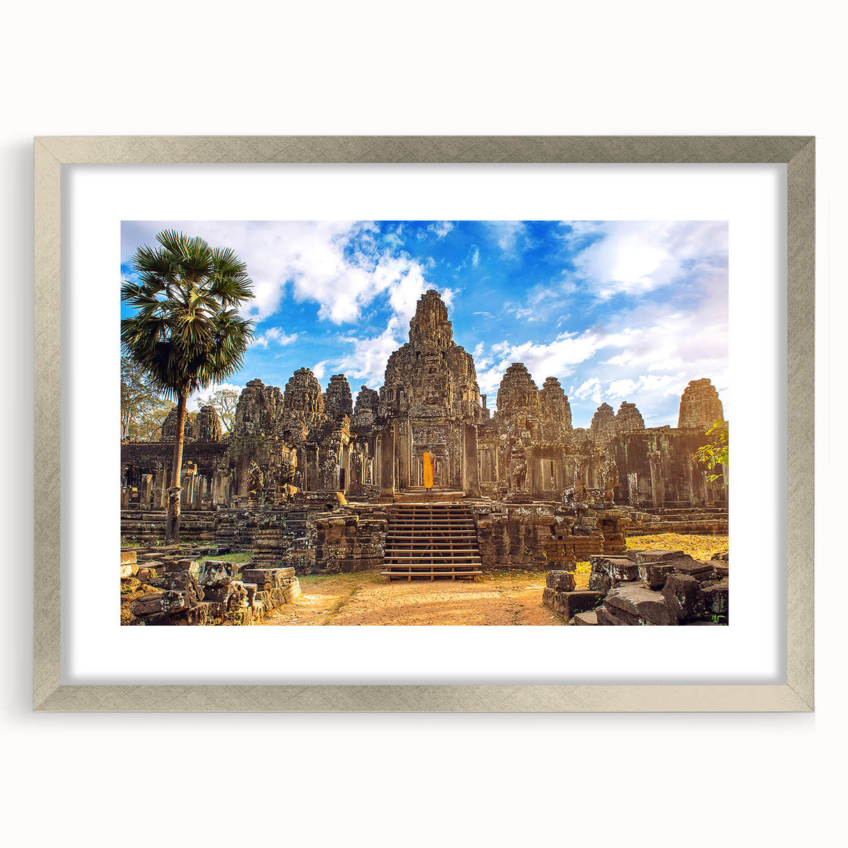 Textured art print of an abstract Cambodian landscape in muted earth tones on a framed canvas, suited for bedroom decor.