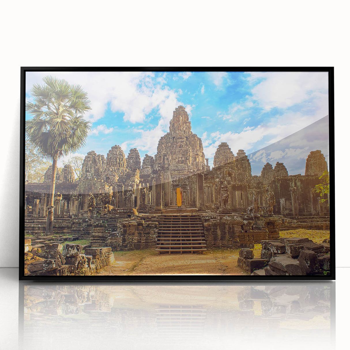 Large abstract wall art depicting a Cambodian landscape in muted earth tones on a framed acrylic.