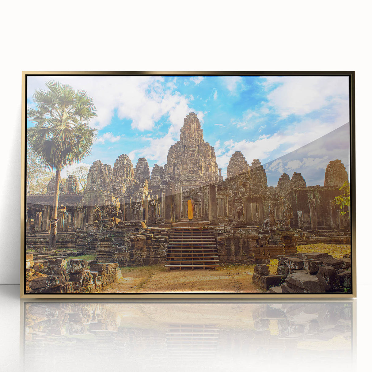 Framed acrylic print of a Cambodian landscape in gold and green tones, ideal for modern art wall decor.