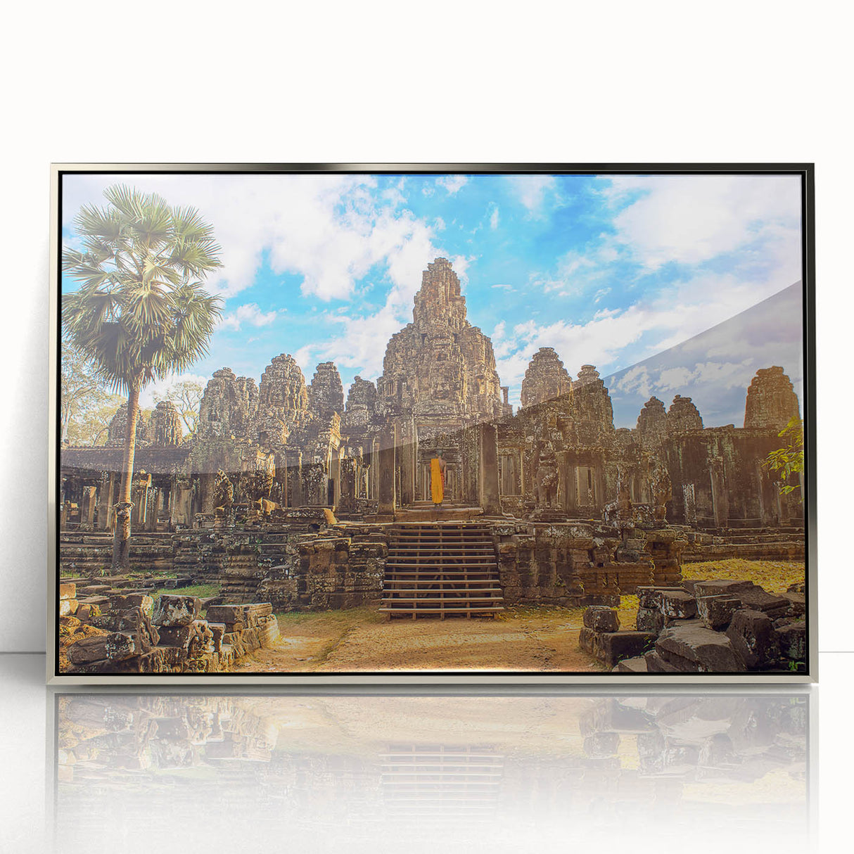 Mid-century modernist art of Cambodian scenery in acrylic, framed in silver, ideal for nursery wall art.