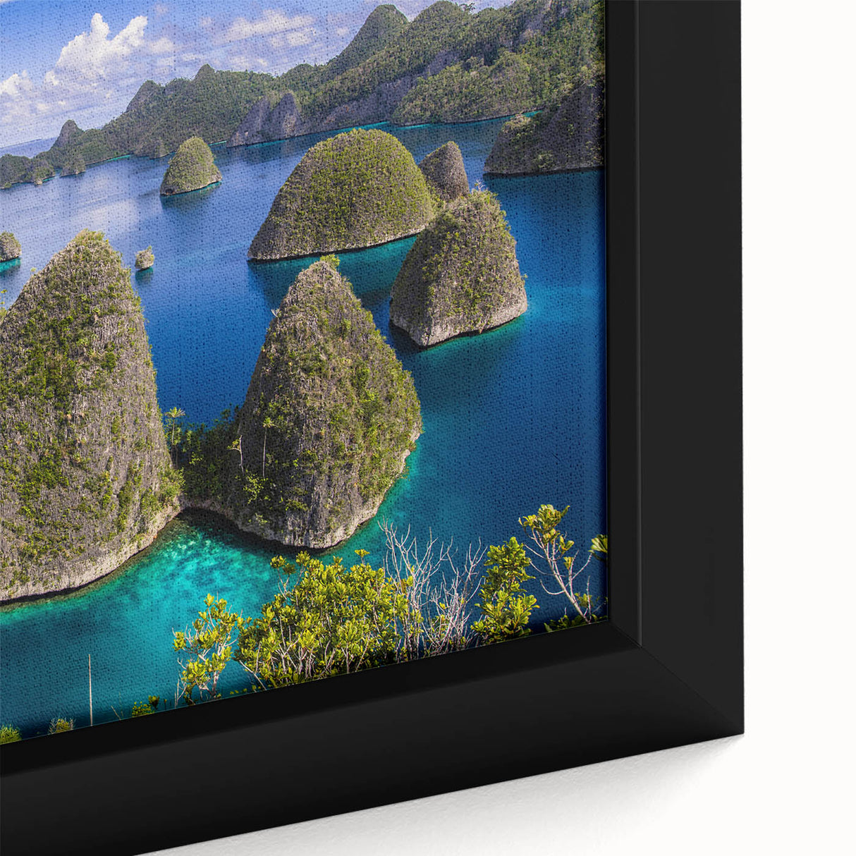 Extra large framed canvas depicting a textured, colorful Indonesian landscape, ideal for living room decor.