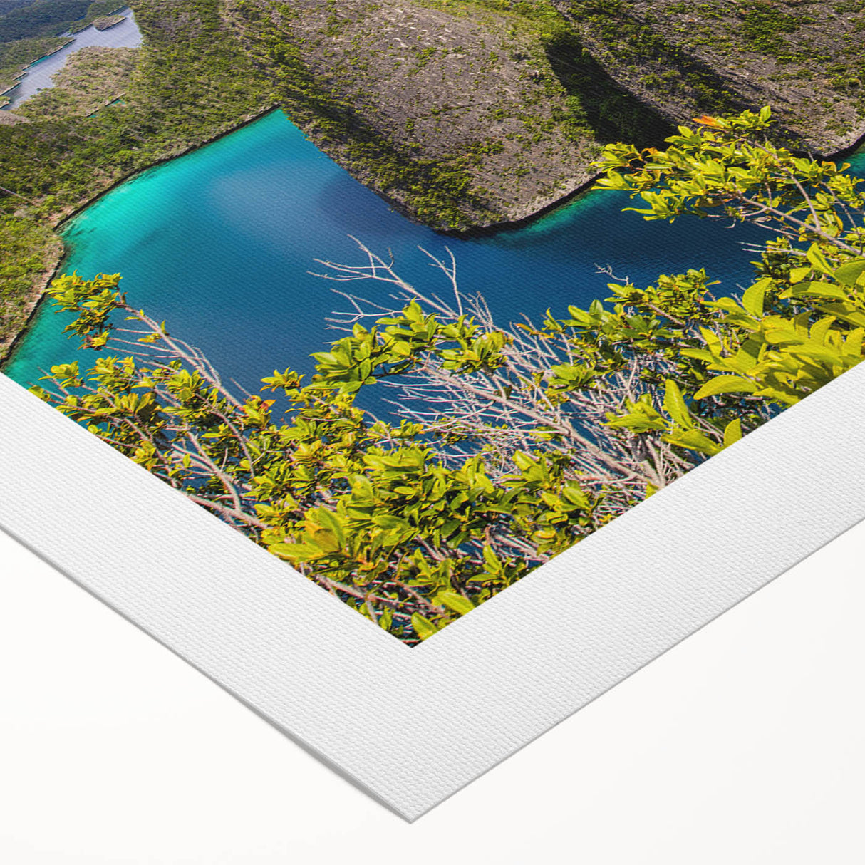 Art deco poster of an Indonesian landscape on rolled canvas, featuring muted earth tones, ideal for dining room decor.