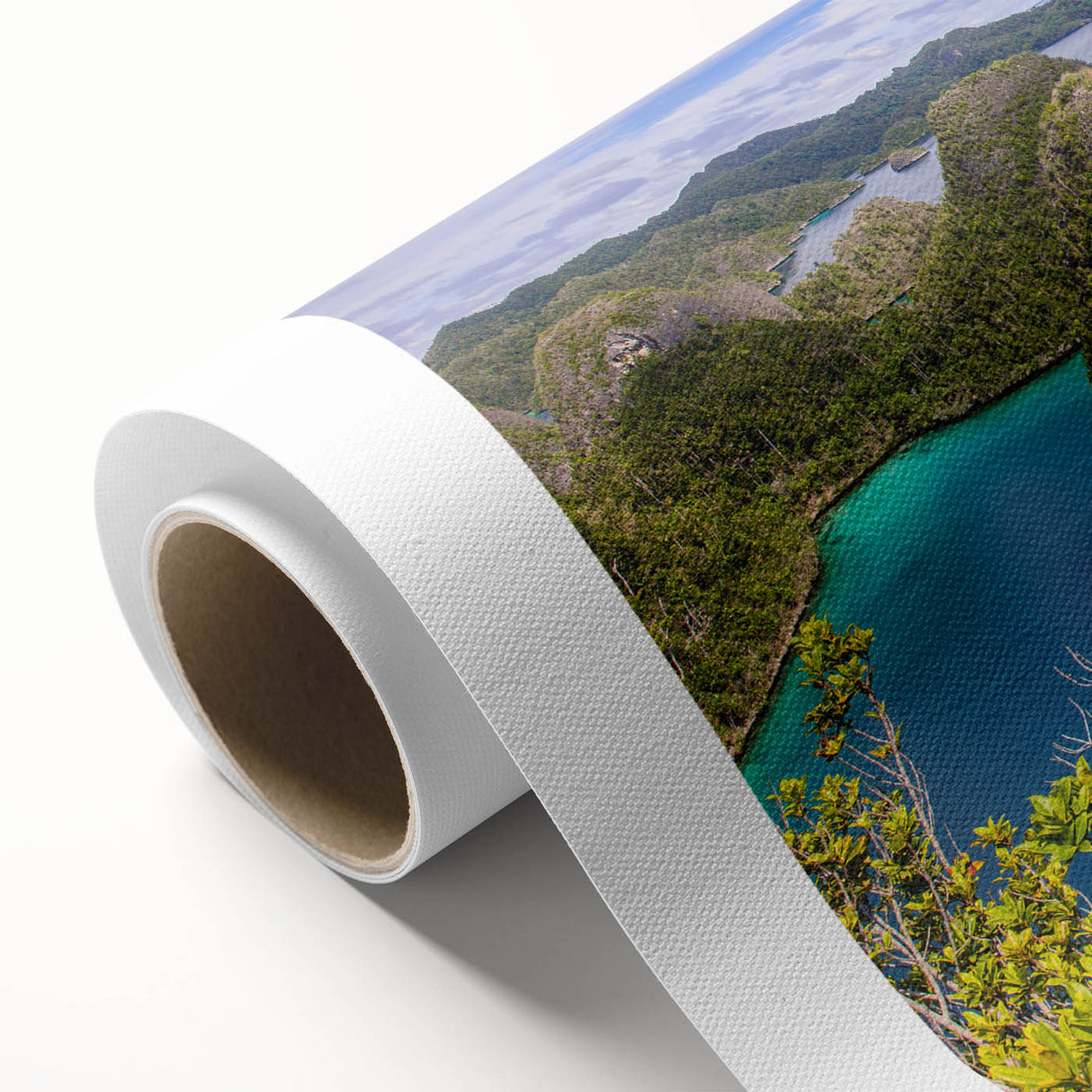 Art deco poster of an Indonesian landscape in pastel shades on rolled canvas, suitable for nursery wall art.