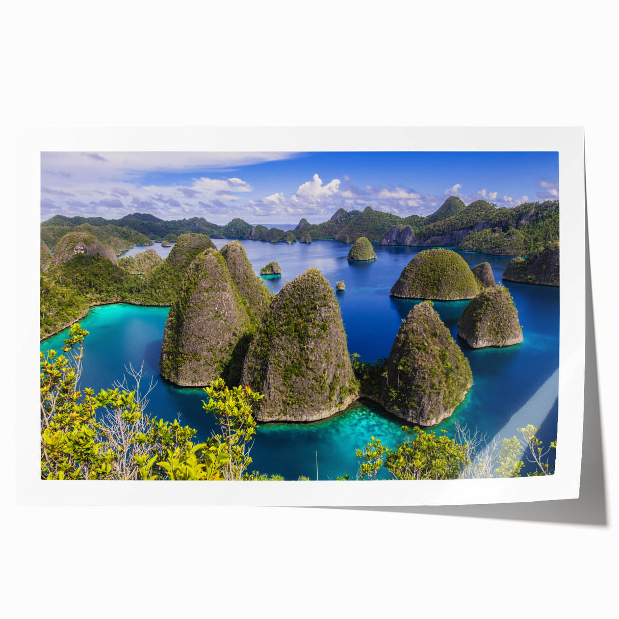 Extra large rolled print of a serene Indonesian landscape with lush greenery and floral elements.