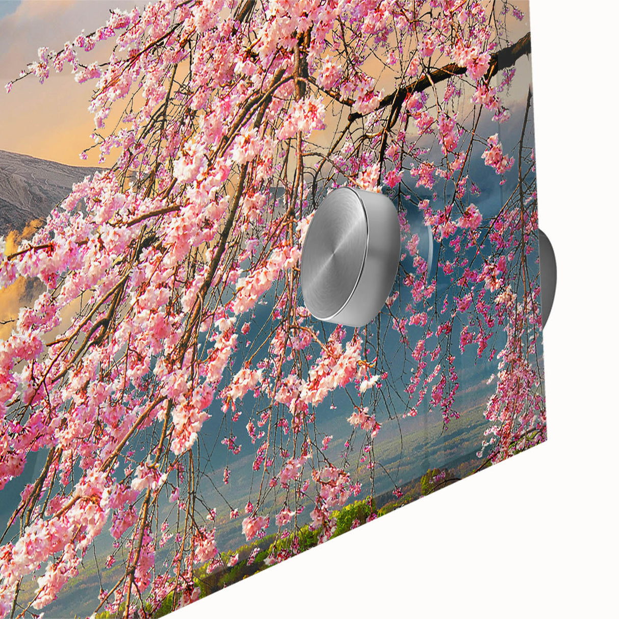 Large abstract wall art featuring a mid-century modernist Japanese landscape in muted earth tones, printed on acrylic glass.