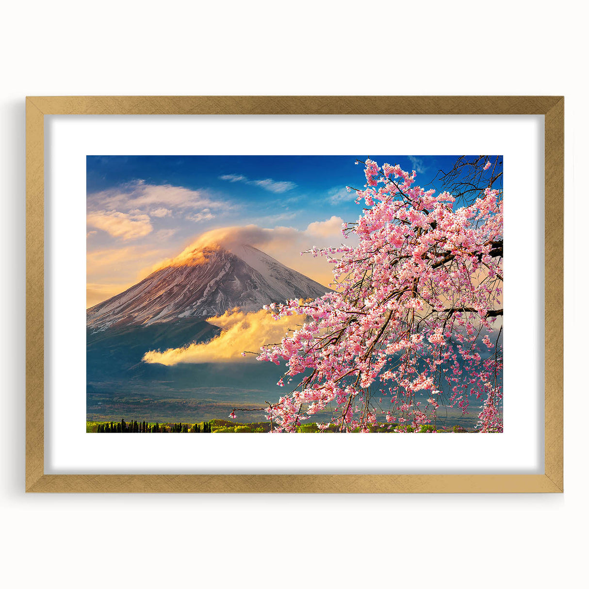 Extra large abstract art print depicting a textured Japanese scenery in muted gold and black, framed and matted.