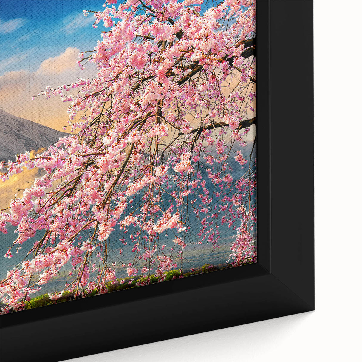 Extra large framed canvas of a textured, colorful Japanese scenery in black, ideal for living room decor.
