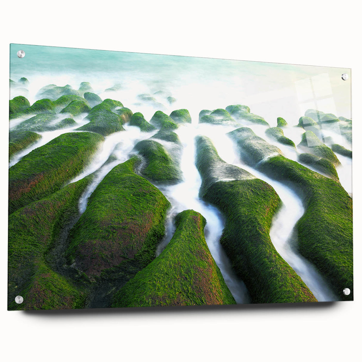 Large abstract wall art depicting a Taiwanese landscape in muted earth tones on acrylic glass.