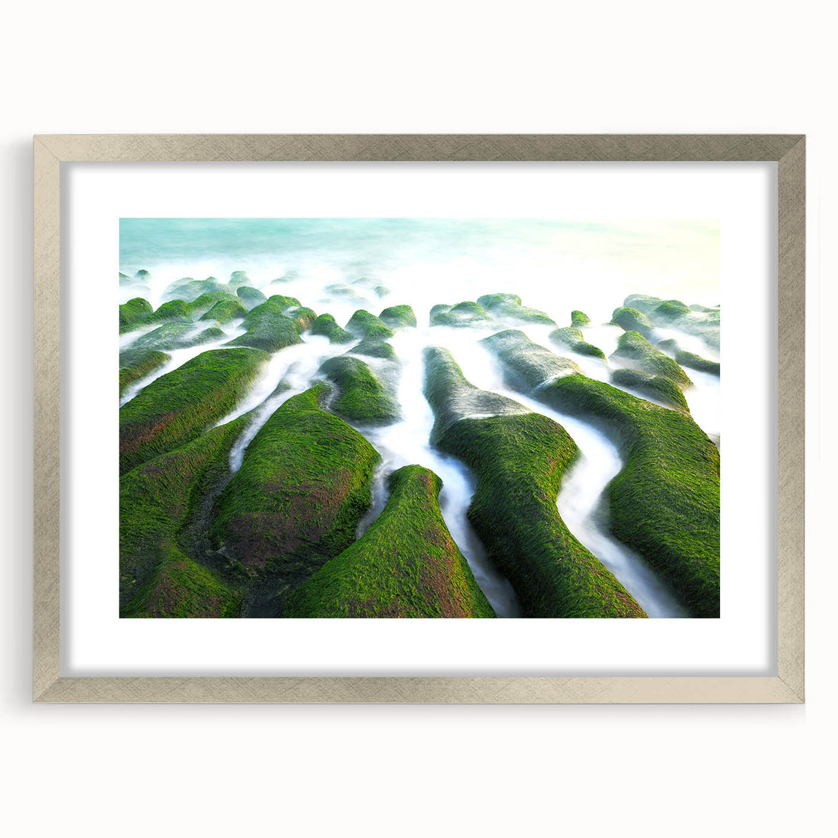 Textured art print depicting an abstract Taiwanese landscape in muted earth tones, framed in silver, ideal for bedroom decor.