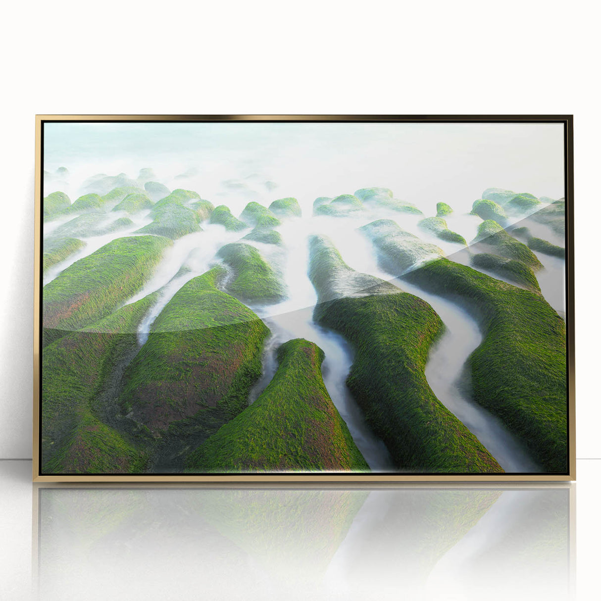 Framed acrylic print of a mid-century modernist Taiwan landscape in muted earth tones, suitable for modern art wall decor.