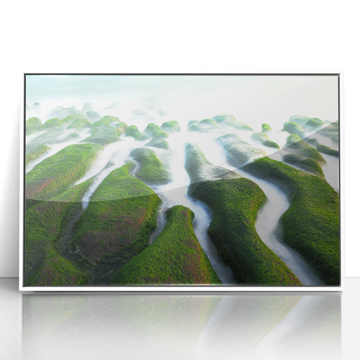 Framed acrylic print of a serene Taiwanese landscape in muted green and blue tones, suitable for modern art wall decor.