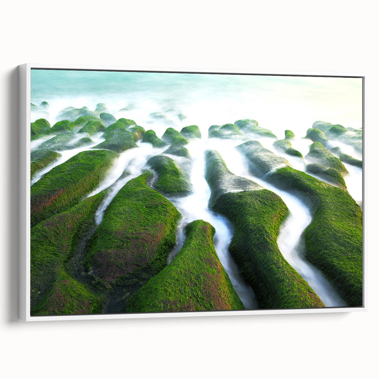 Vintage poster art of a Taiwanese landscape on framed canvas, featuring vibrant colors on a black background.
