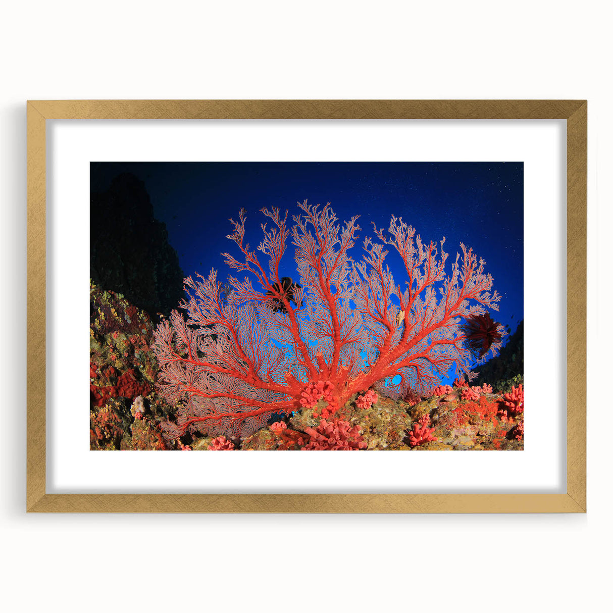 Textured art print of the Great Barrier Reef in abstract style, with vibrant blue and green hues on a gold-framed canvas.