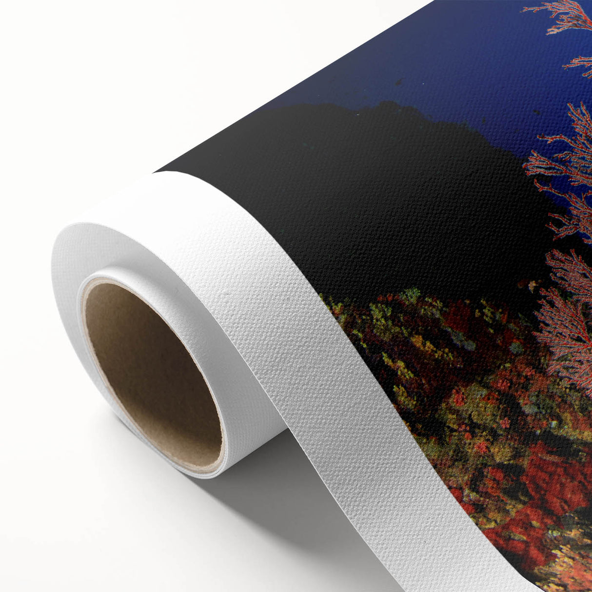 Art deco poster depicting the Great Barrier Reef in vibrant blues and greens on rolled canvas, ideal for nursery wall art.