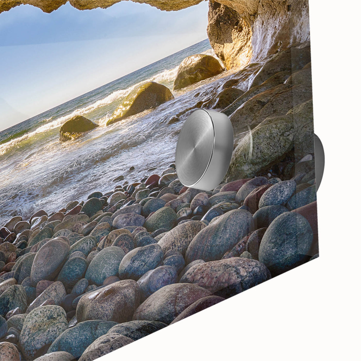 Large abstract wall art depicting Newfoundland scenery in muted earth tones on acrylic glass.