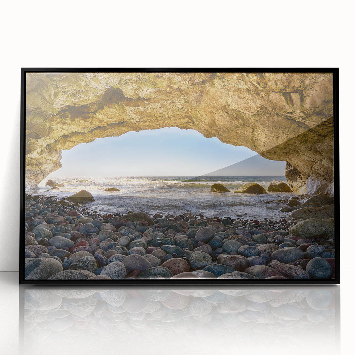 Large abstract wall art depicting a serene Newfoundland landscape in muted earth tones, framed in black acrylic.