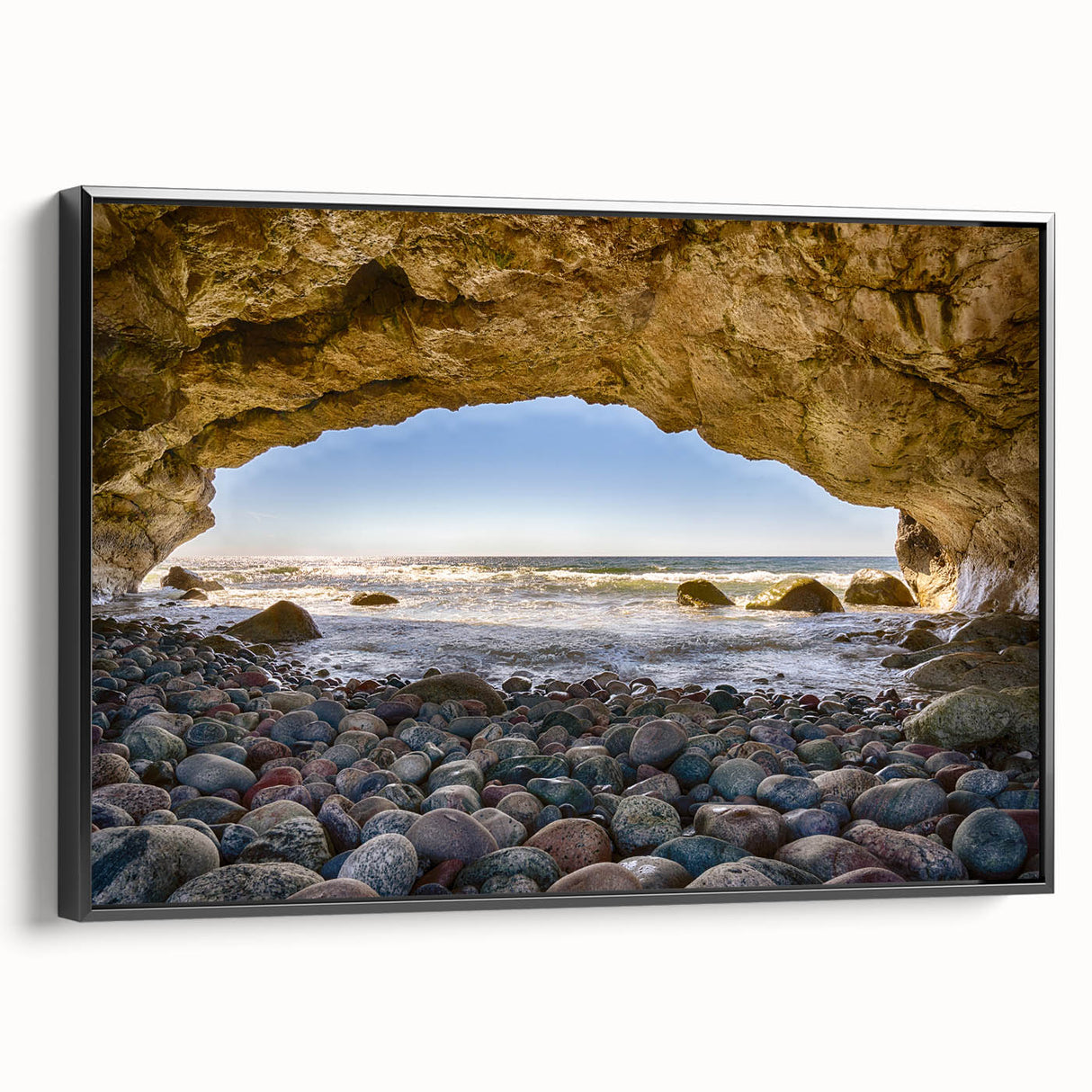 Black and white framed canvas of Newfoundland landscape, featuring vintage poster art style, ideal for bedroom decor.