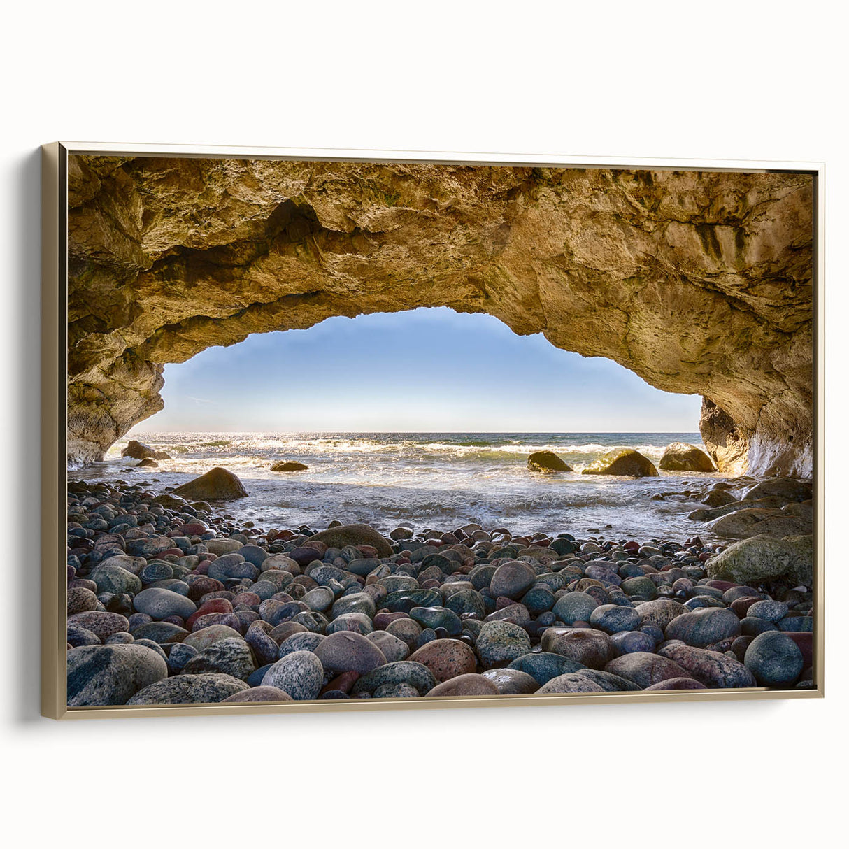 Framed canvas featuring a vintage-style Newfoundland landscape in muted gold and black tones, ideal for bedroom decor.