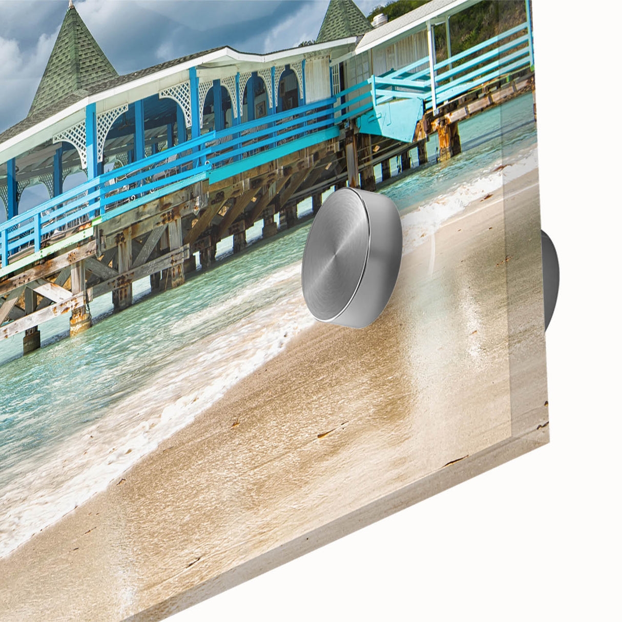 Large abstract wall art of Caribbean Antigua scenery on acrylic glass, featuring blue and green tones.