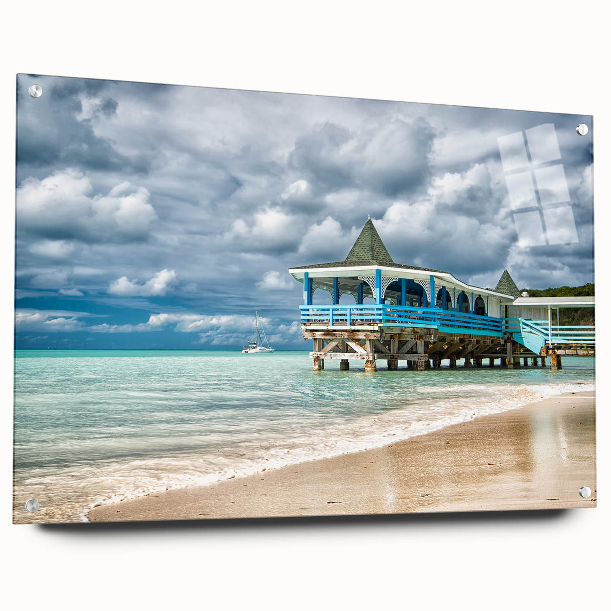 Acrylic print of a Caribbean scenery, featuring vibrant blue ocean and sky, ideal for dining room decor.